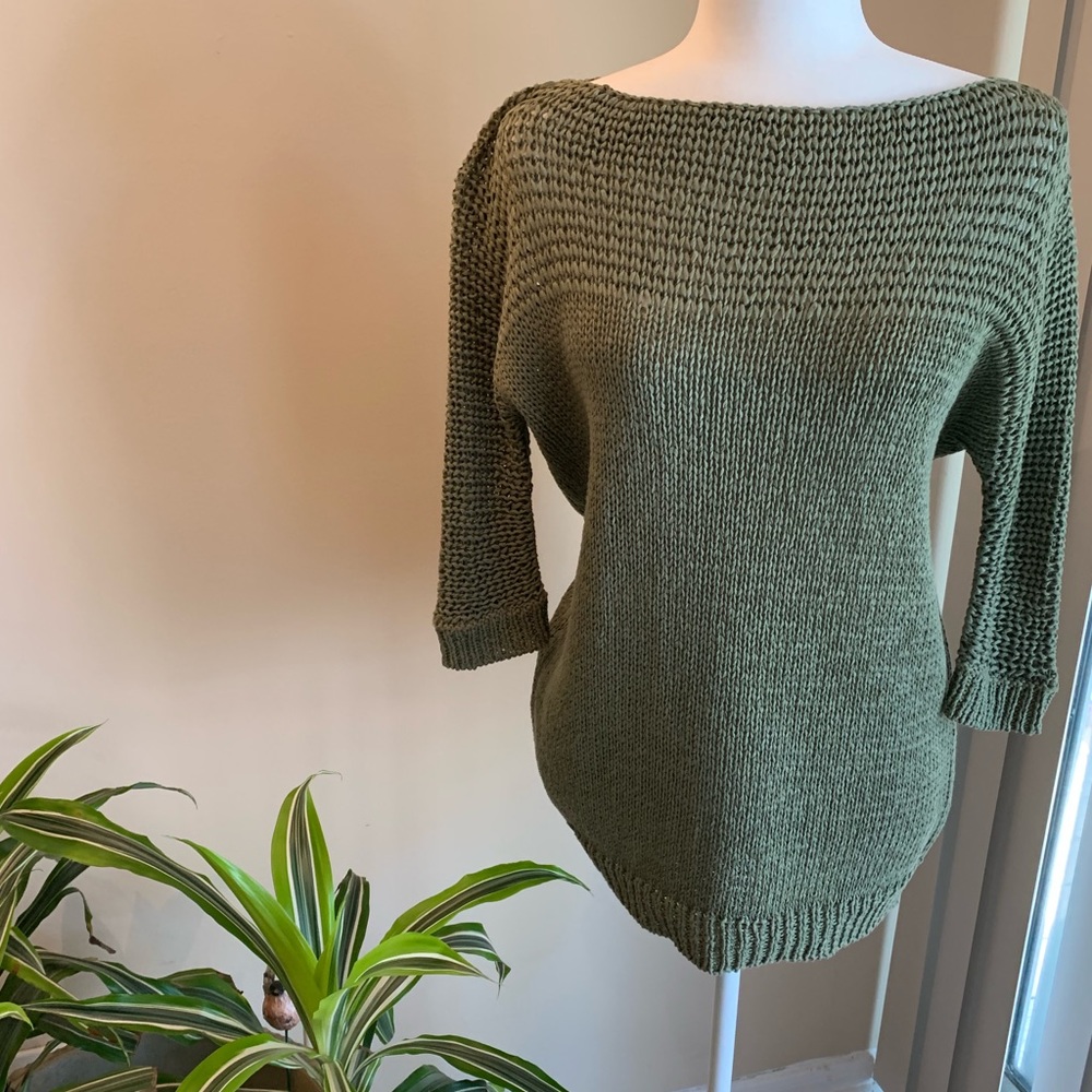 Theory Olive Green 3/4 Length Sleeve Sweater